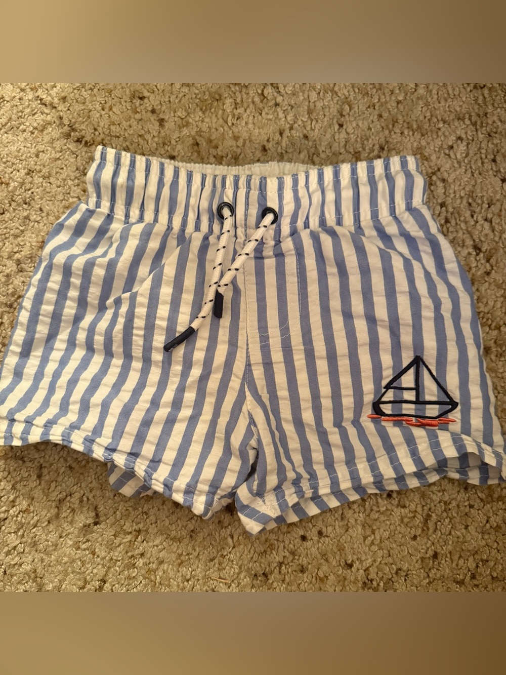 Cat & Jack Blue and White Striped Swim Trunks with Sailboat Accent